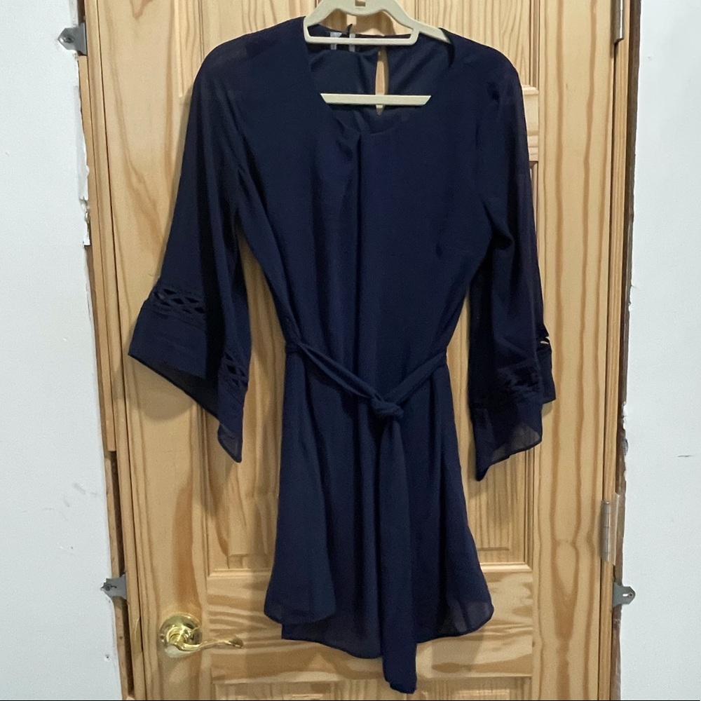 By & By Navy SHEATH DRESS Belted Lattice Flowy Sheer Sleeves Size LARGE